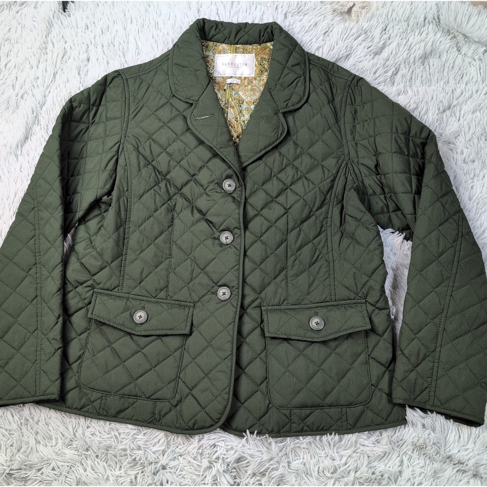 Van Heusen Jacket Womens L Green Quilted Coat Button Up Pockets Lightweight